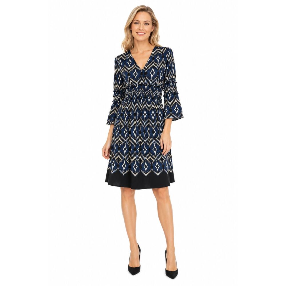 MAX EDITION V-neck Women's Dress Geometric Diamond Bell Sleeves Stretchy Size M